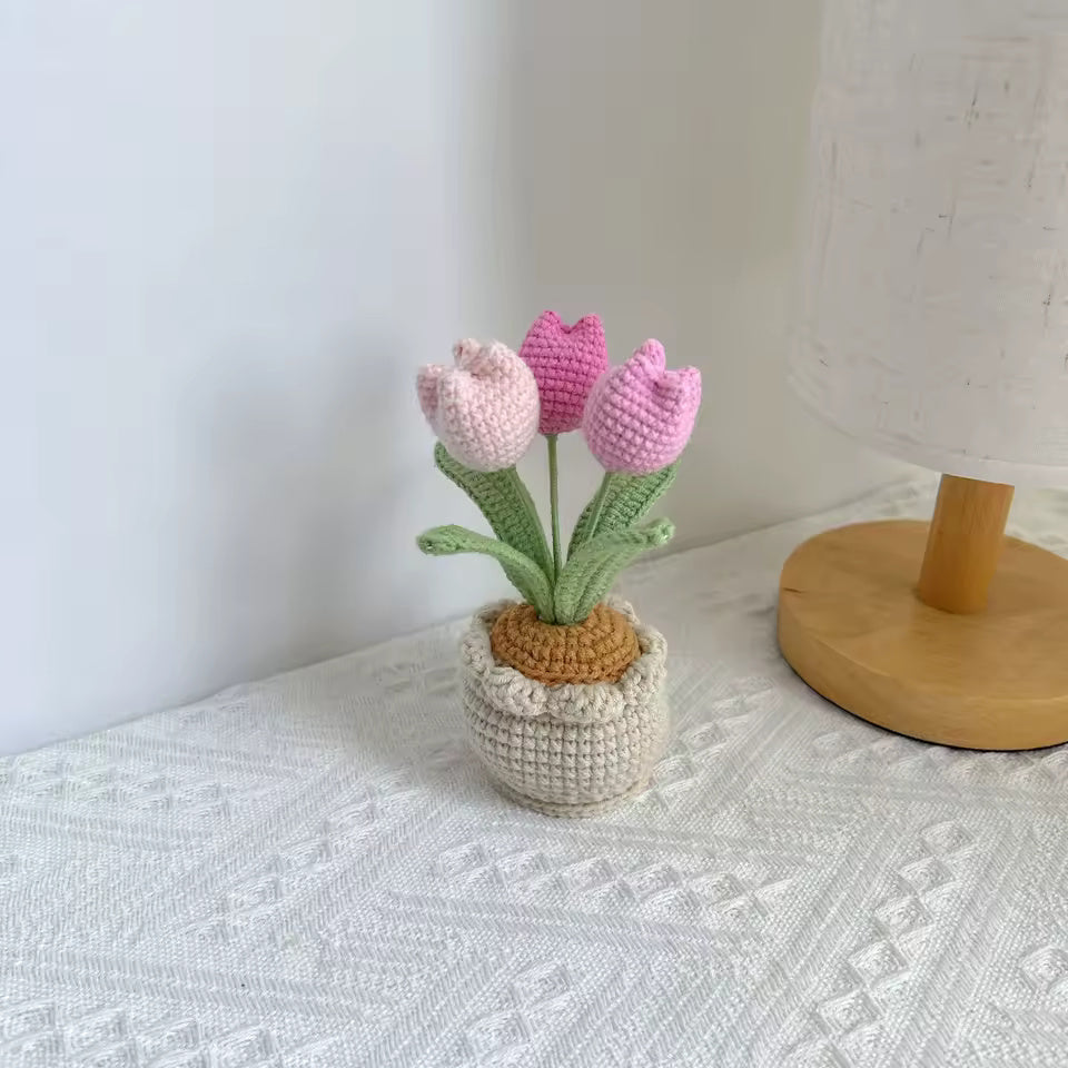 Hand-crocheted red roses in a knit pouch