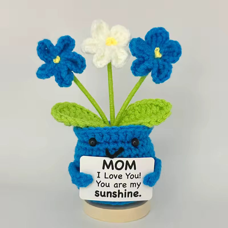 Blue crochet smiley pot with blue and white flowers, Mom you are my sunshine card