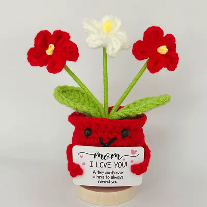 White crochet smiley pot with pink and purple tulips, always need you Mom card