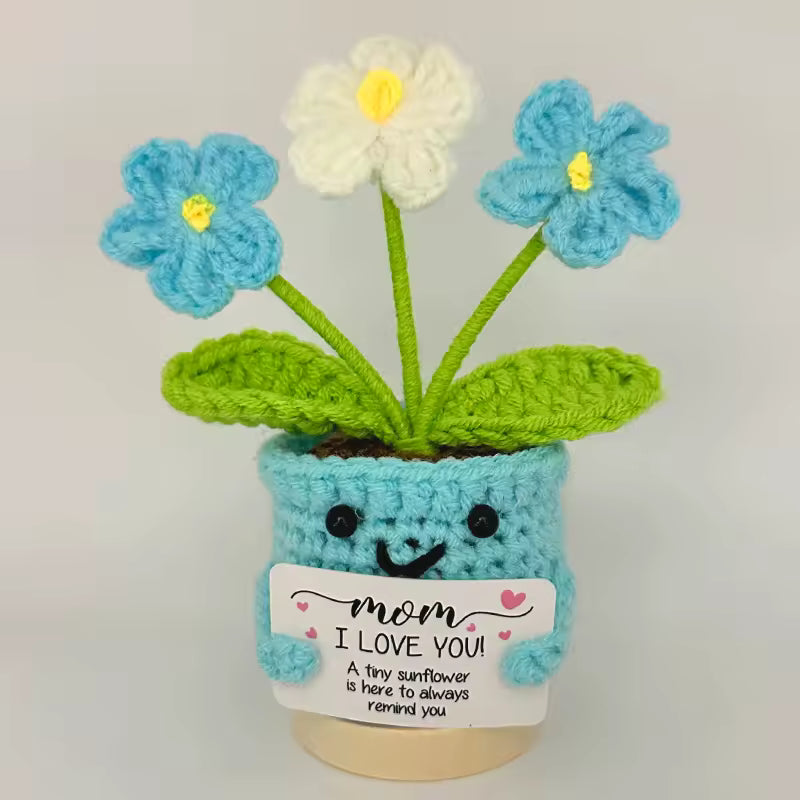 Purple crochet smiley pot with purple and white flowers, Mom sunshine card