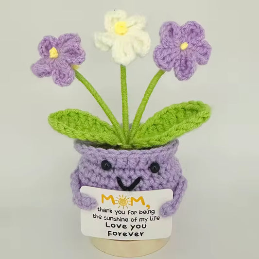 Pink crochet smiley pot with pink and white flowers, Mom message card